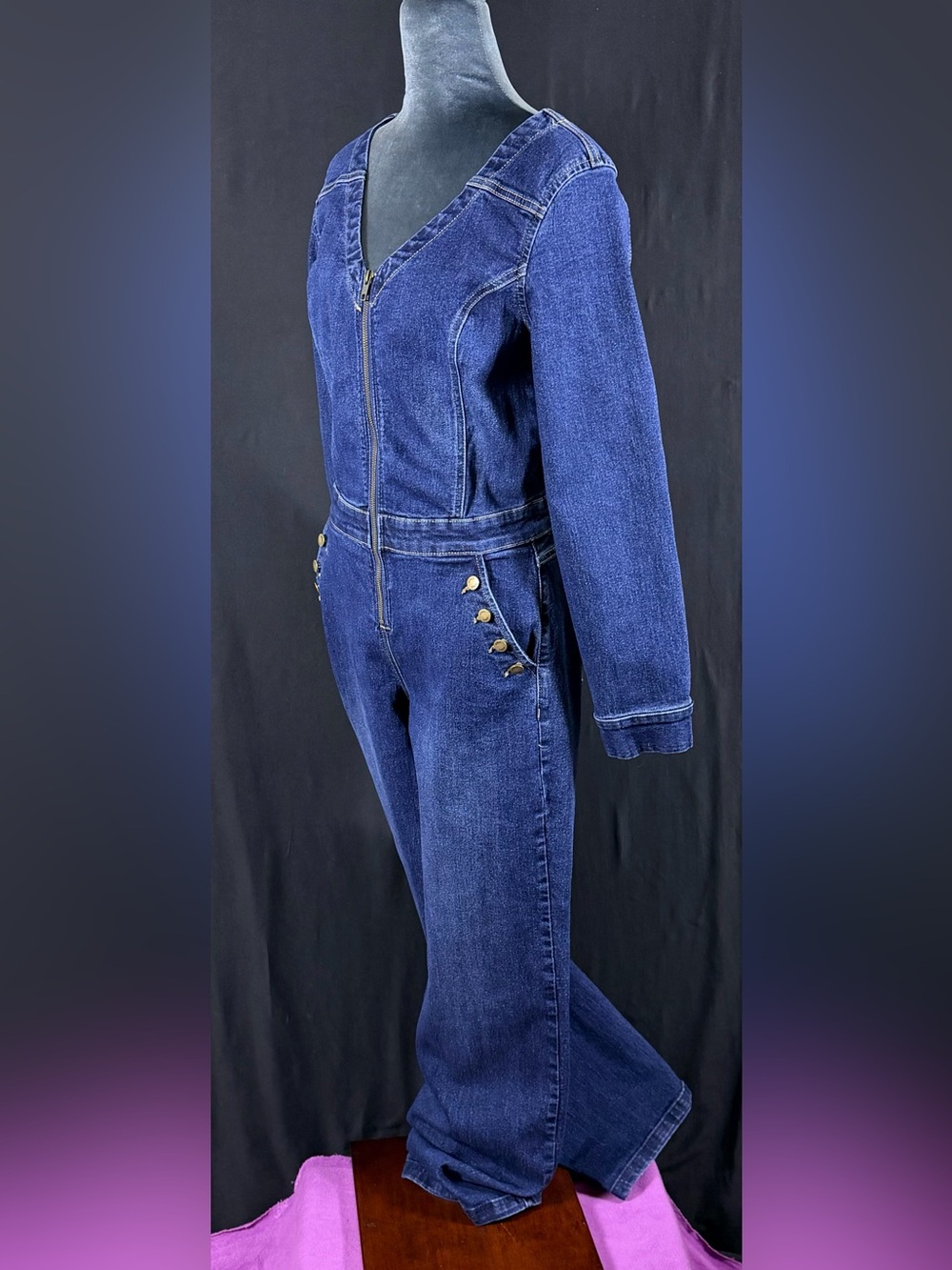 VENUS Jumpsuit Dark Blue stretch Denim with Gold Buttons Pockets Wide Leg Street